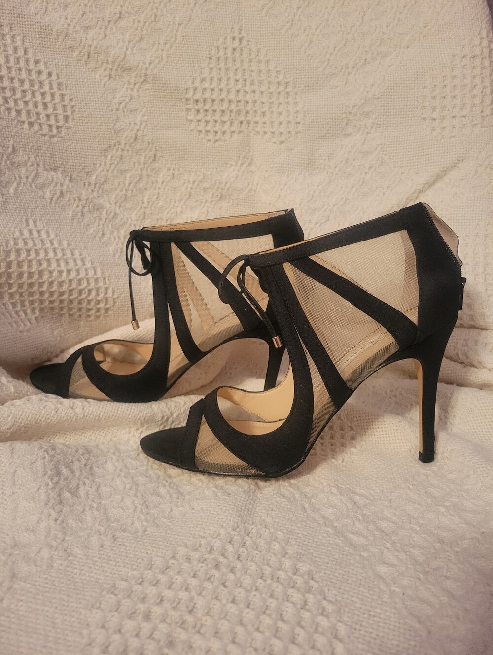Black Mesh Strappy Stiletto Heels with Lace-Up Detail